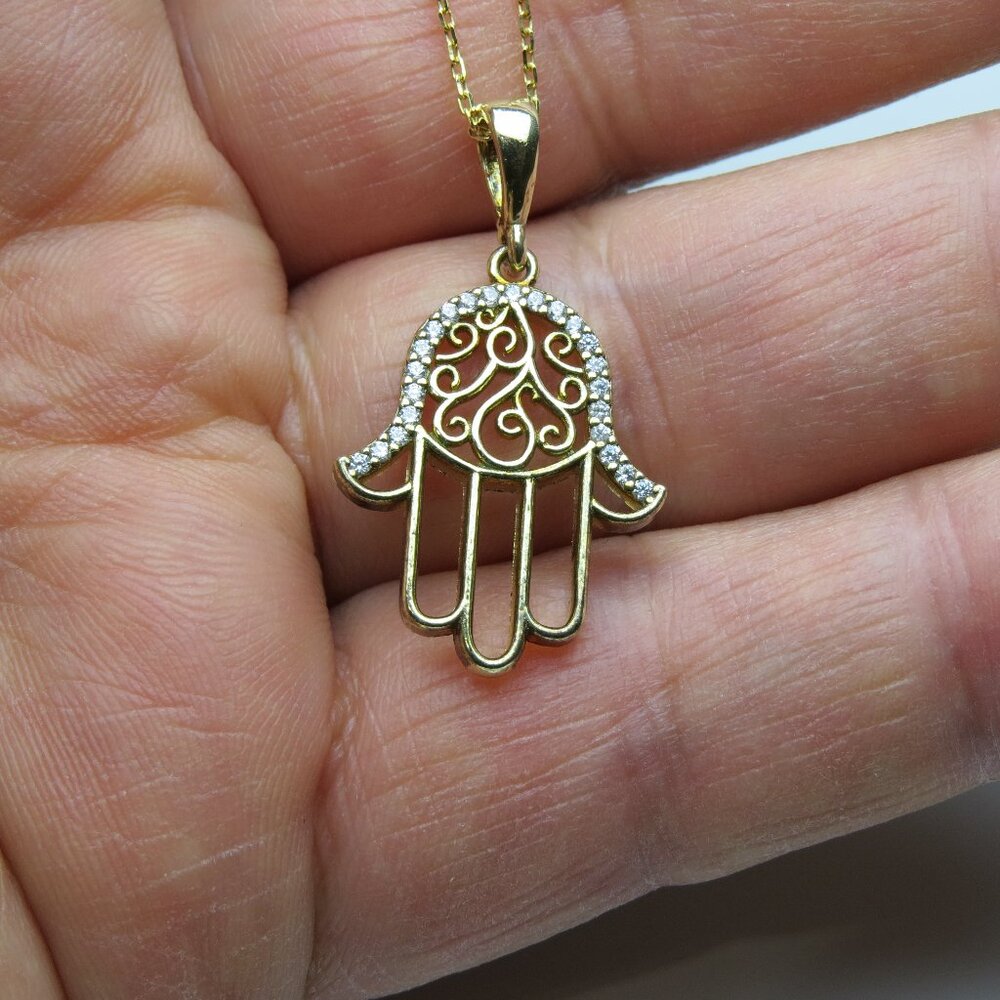 18k Gold Sterling Silver Protection Hand Pendant  Chain